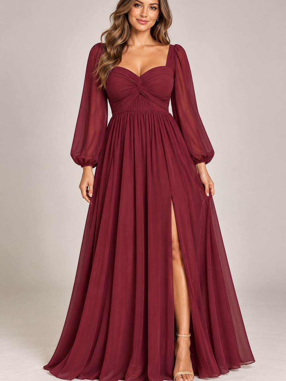 NWT Azazie Teri Cabernet Chiffon Long Sleeve Bridesmaid Gown